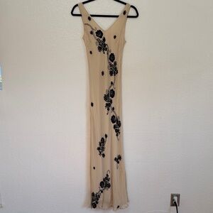 Sue Wong Beige Maxi Dress with Black Floral Appliqué